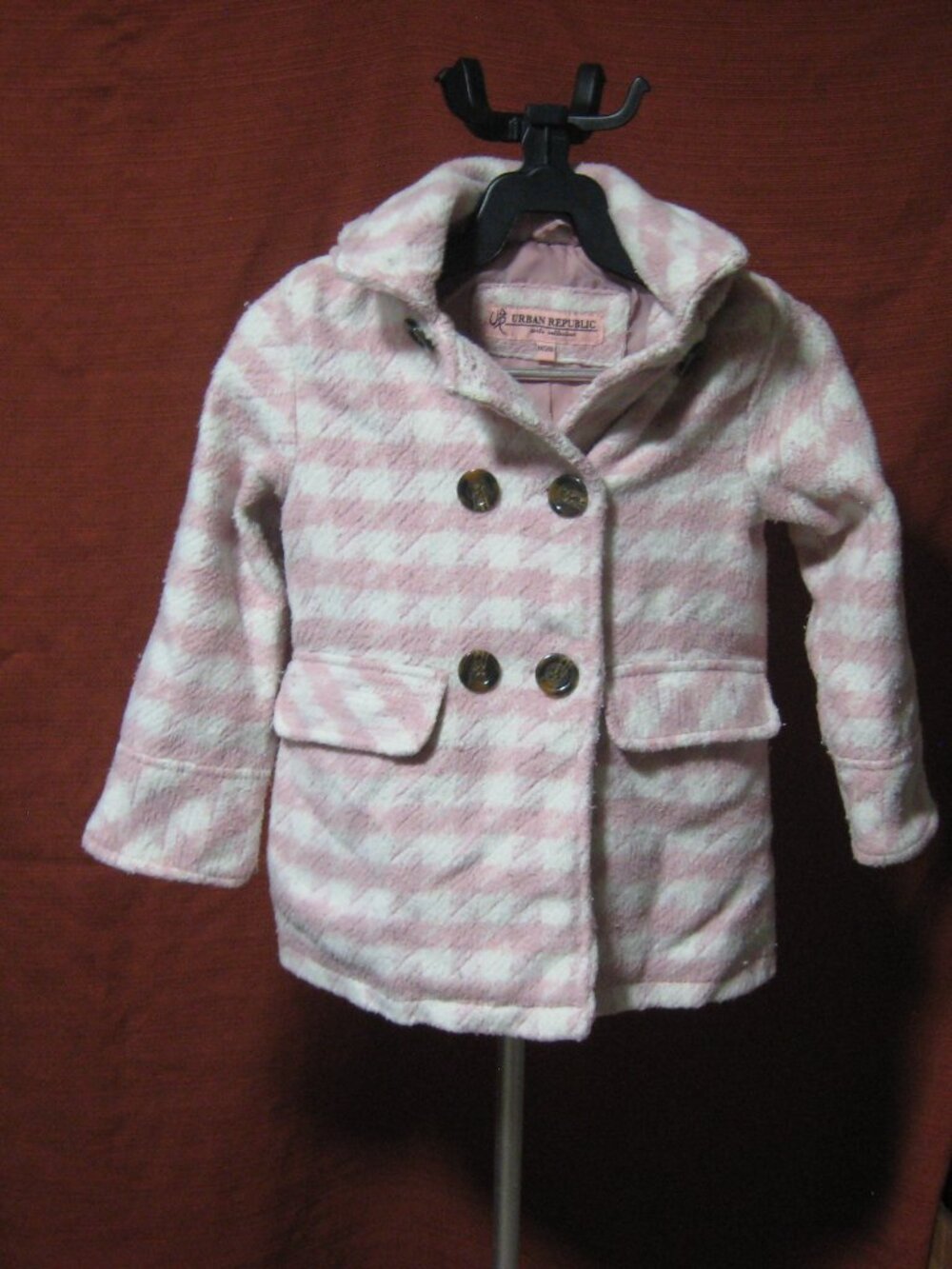 Urban Republic Girls Pink Houndstooth Plaid Hooded Pea Coat Jacket Size 5/6